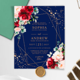 バジェットレッドローズ&金ゴールドフローラ結婚式招待状