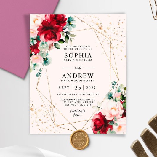 バジェットレッドローズ&金ゴールドフローラ結婚式招待状