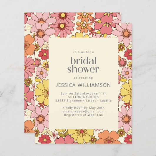 バジェットレトロボホピンクイエローフローラブライダルシャワー (正面/裏面)