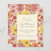 バジェットレトロボホピンクフローラ誕生日招待状 (正面/裏面)