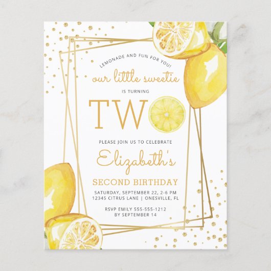 バジェットレモンウォーターカラー2nd誕生日パーティー招待状 (正面)