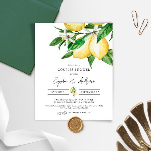バジェットレモングリーンリーカップルシャワー招待状