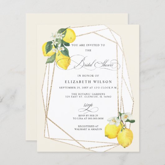 バジェットレモンシトラスサマーブライダルシャワー招待状 (正面/裏面)