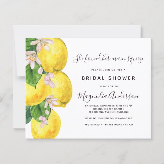 バジェットレモンメインスクイーズブライダルシャワー招待 (正面)