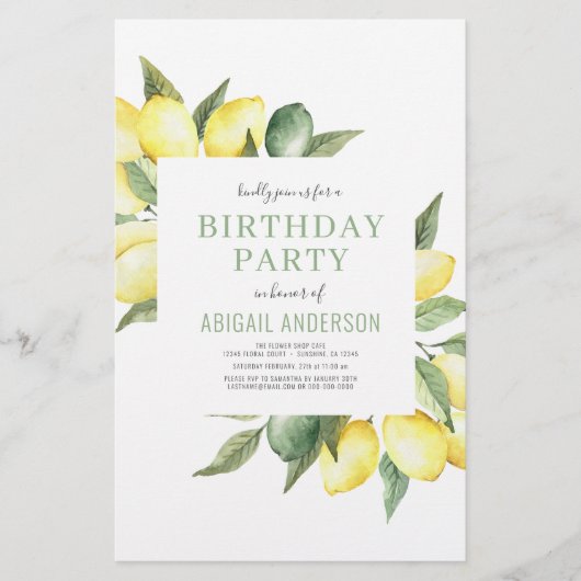 バジェットレモン任意の年齢の誕生日パーティーの招待 (正面)