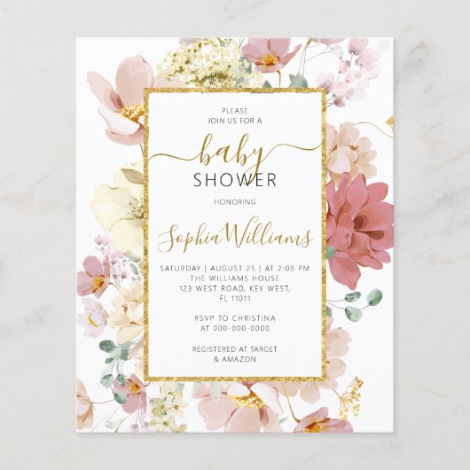 バジェットワイルドフラワーズジェントリーベビーシャワー招待状 (正面)