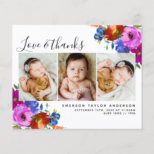 バジェットワイルドフラワーフォトベビーサンキューカード (正面)