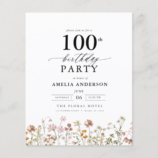 バジェットワイルドフラワーフローラ100th誕生日招待状 (正面)