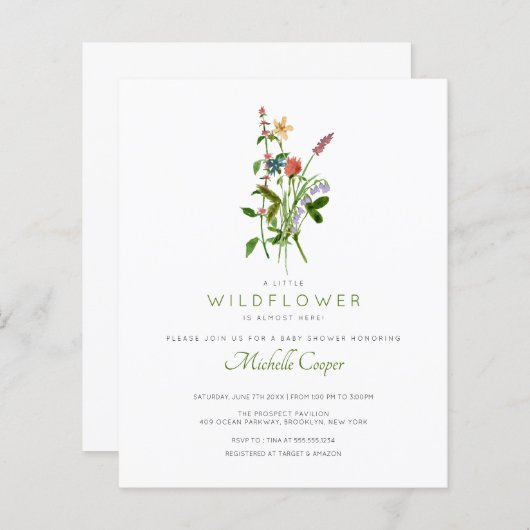 バジェットワイルドフラワーベビーシャワー招待状 (正面/裏面)