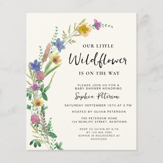 バジェットワイルドフラワーボホーベイビーシャワー招待状 (正面)