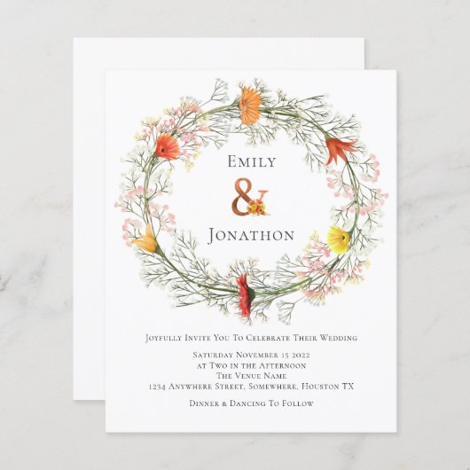 バジェットワイルドフラワーリース秋の結婚式招待状 (正面/裏面)
