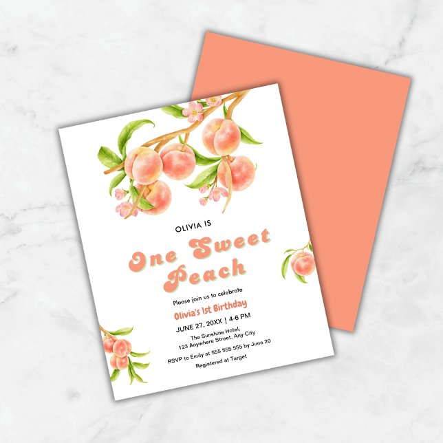 バジェットワンスイートピーチフルーツ1st誕生日招待状 (Budget One Sweet Peach Fruit 1st Birthday Invitation   )