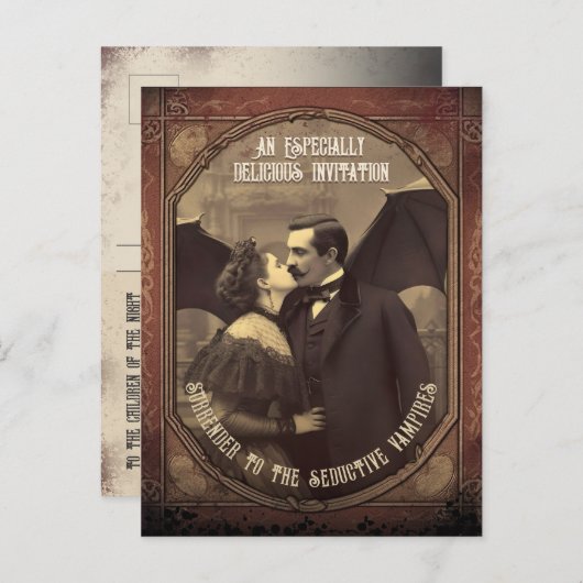 バジェットヴァンパイアキスヴィンテージハロウィーン招待状 インビテーションポストカード (正面/裏面)