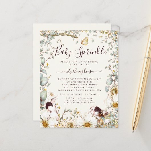 バジェットヴィンテージベビースプリンクルクリーム招待状 (正面/裏面インサイチュ)