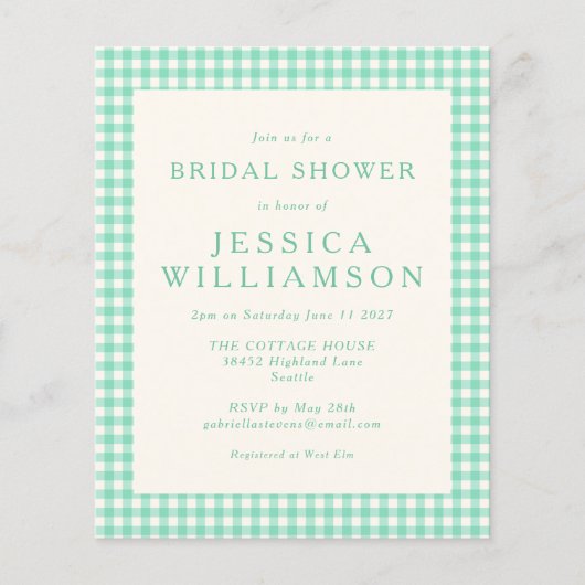 バジェットヴィンテージミントプレイドブライダルシャワー招待状 (正面)
