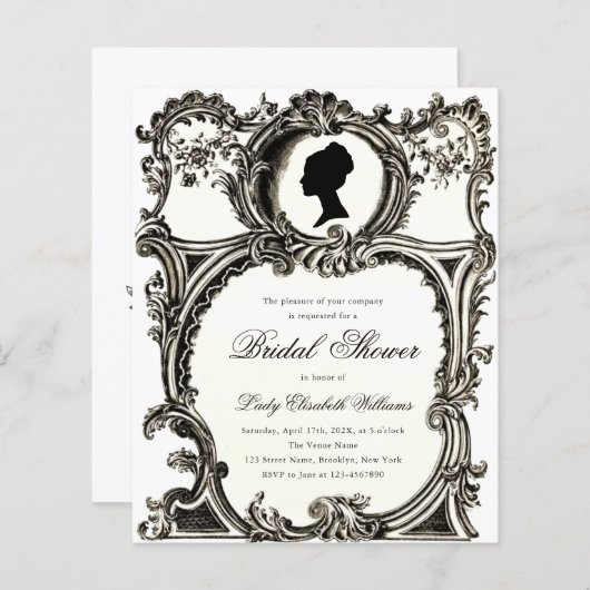 バジェットヴィンテージロココリージェンシーブライダルシャワー招待状 (正面/裏面)