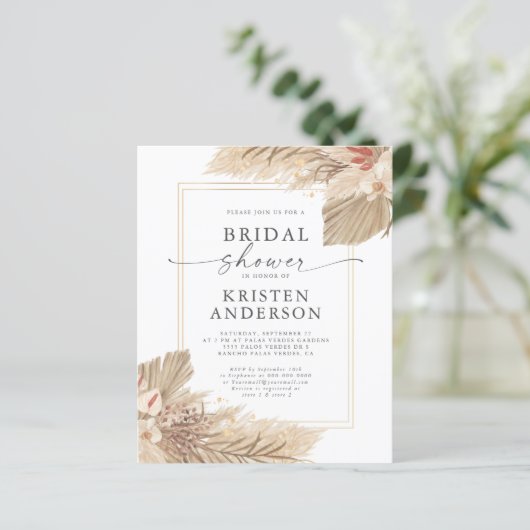バジェット乾燥パームウォーター色ブライダルシャワー招待状 (スタンド正面)