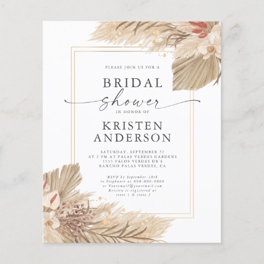 バジェット乾燥パームウォーター色ブライダルシャワー招待状 (正面)