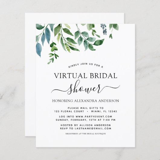 バジェット仮想ブライダルシャワー緑の招待状 (正面/裏面)