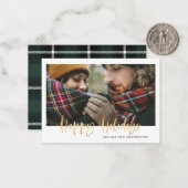 バジェット休日グリーンタータンチェックフォトホリデーカード ノートカード (正面/裏面インサイチュ)