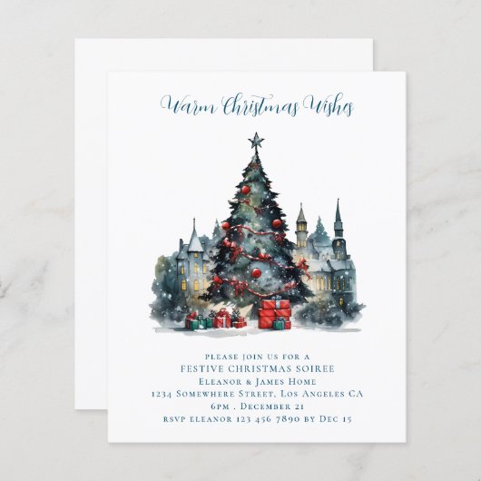 バジェット伝統的シーンクリスマスパーティー招待状 (正面/裏面)