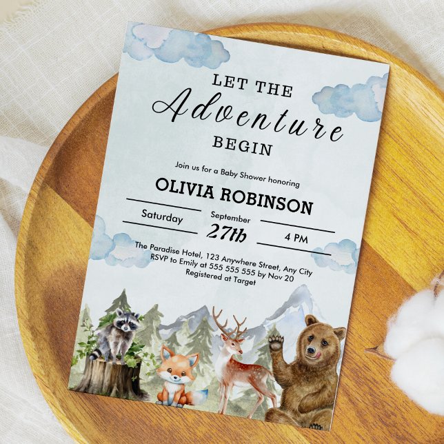 バジェット冒険を開始ベビーシャワー招待状 (Budget Let the Adventure Begin Mountain Boy Baby Shower Invitation )