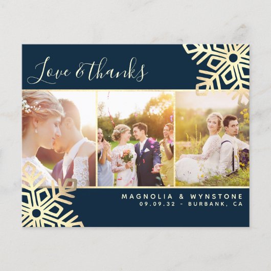 バジェット写真スノーフレーク結婚のサンキューカード (正面)