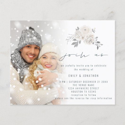 バジェット写真ホワイト花模様が私たちの結婚式の招待に参加 (正面)