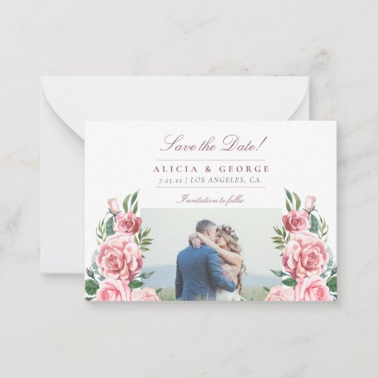 バジェット写真ロマンチックなフローラ結婚式の日付を保存 ノートカード (正面)