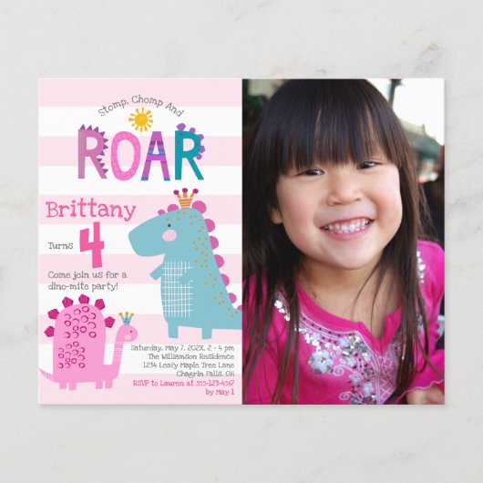 バジェット写真恐竜ガール誕生日招待状 (正面)