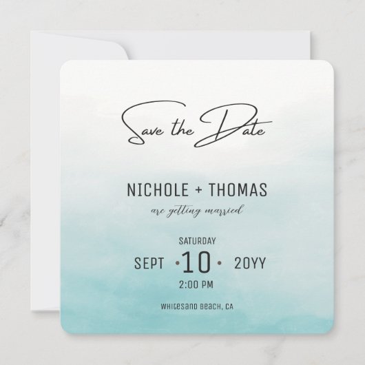 バジェット写真水カラーエレガント赤面結婚ズ セーブザデート (正面)