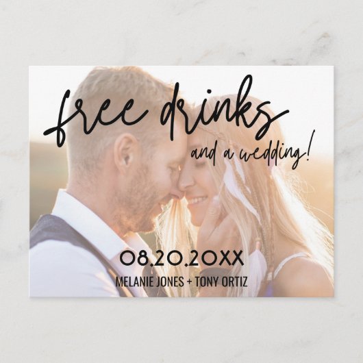 バジェット写真無料ドリンク結婚式の日付を保存 案内ポストカード (正面)