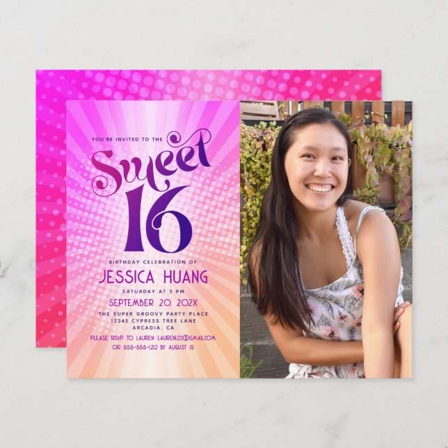 バジェット写真甘い16ピンクオレンジグラデーション招待状 (正面/裏面)