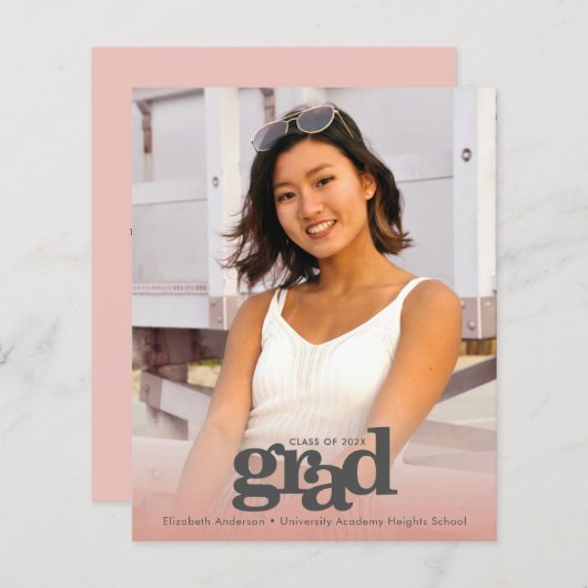 バジェット写真赤面ピンクの卒業はっきりした招待状 (正面/裏面)