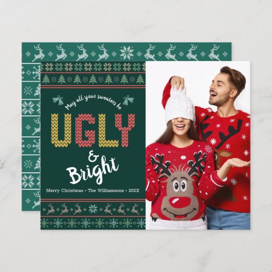 バジェット写真醜いセータークリスマスグリーンカード (正面/裏面)