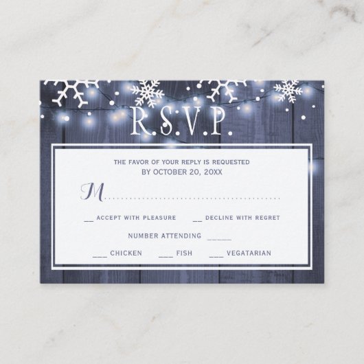 バジェット冬のウェディングネイビー白い雪片RSVP エンクロージャーカード (正面)