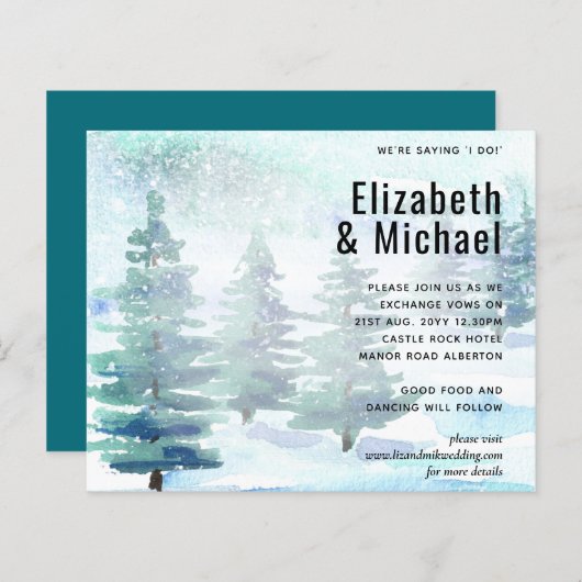 バジェット冬の水の色のティール(緑がかった色)結婚式の招待 (正面/裏面)