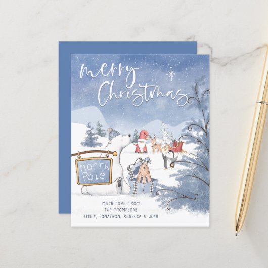 バジェット北極サンタアニマルズスノーホリデーカード (正面/裏面インサイチュ)