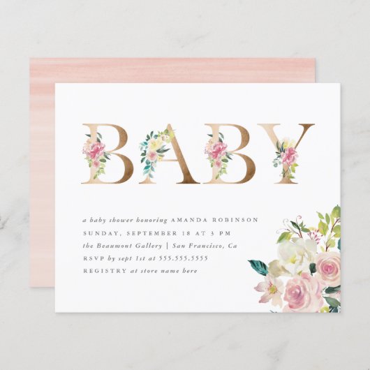 バジェット型水彩フローラ金ゴールドベビーシャワー (正面/裏面)