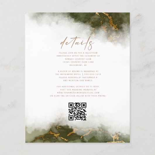 バジェット大理石オリーブグリーン金ゴールドQRコード結婚ズ (裏面)