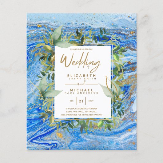 バジェット大理石ブルー金ゴールド緑の結婚式の招待 (正面)