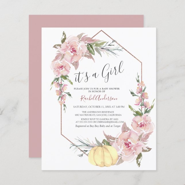 バジェット女の子カボチャ赤ちゃんシャワー招待状 (正面/裏面)