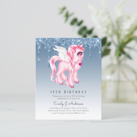 バジェット子供の誕生日招待状ブルーユニコーングリッター (スタンド正面)