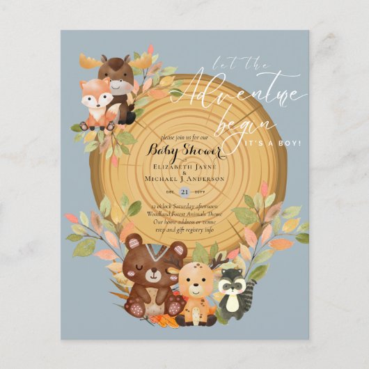 バジェット少年の森の動物の赤ちゃんシャワー チラシ (正面)