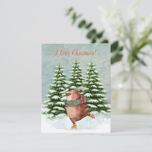 バジェット幸せスケートで滑るベアスノーフラットクリスマス シーズンカード (スタンド正面)