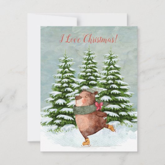 バジェット幸せスケートで滑るベアスノーフラットクリスマス シーズンカード (正面)