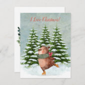 バジェット幸せスケートで滑るベアスノーフラットクリスマス シーズンカード (正面/裏面)