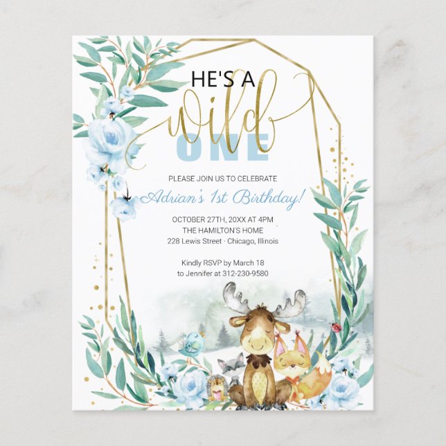 バジェット彼はワイルドワンの誕生日招待状 (正面)