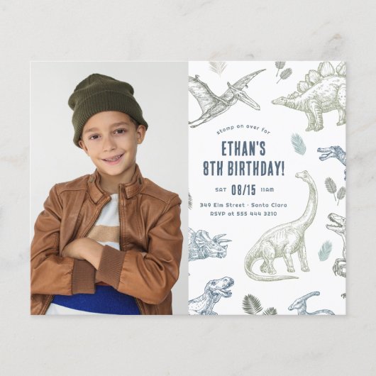 バジェット恐竜の写真の誕生日パーティーの招待状 (正面)
