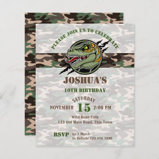 バジェット恐竜の誕生日ラプターカモフラージュ招待状 (正面/裏面)
